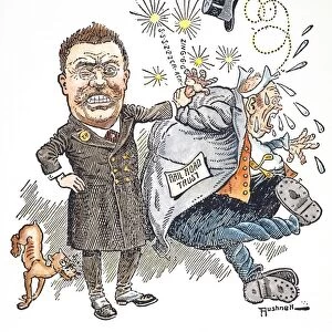 Jiu-Jitsued : American cartoon, c1906, showing President Theodore Roosevelt disabling the railroad trust with a jujitsu hold