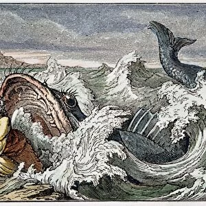 JONAH. Jonah is cast forth by the whale (Jonah 2: 10). Wood engraving, American, 19th century