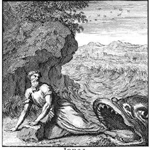 JONAH. The prophet Jonah, cast up on dry land after being swallowed by the whale. Copper engraving, Dutch, 18th century