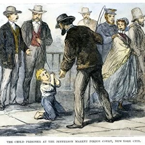 JUVENILE CRIME, 1868. A six year old, sentenced to the House of Refuge on Blackwells Island, New York City, for vagrancy, pleads unavailingly for mercy for his first offense, 1868. Contemporary American wood engraving