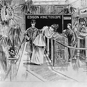 KINETOSCOPE, 1890s. The Edison Kinetoscope parlor on Broadway at 28th Street in New York City. Wood engraving from an American newspaper, c1895