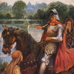 KING ARTHUR & EXCALIBUR. King Arthur sees the sword Excalibur in the lake: illustration