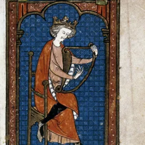 KING DAVID PLAYING HARP. Miniature illumination, France, late 13th century