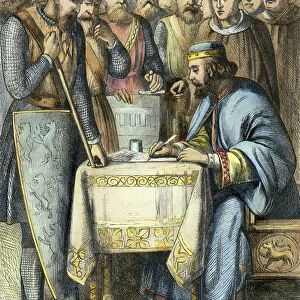KING JOHN (c1167-1216). King of England, 1199-1216. King John signing the Magna Carta at Runnymede, 15 June 1215. Color wood engraving, 19th century