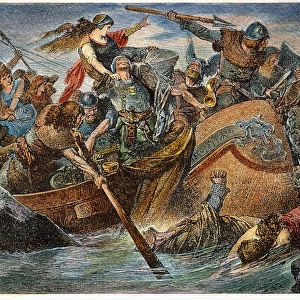 KING OLAF, c994 A. D. A Norse raid under King Olaf I of Norway, c994 A. D. Wood engraving after the painting by Hugo Vogel
