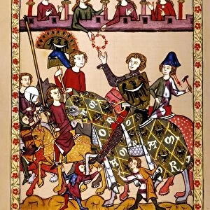 KNIGHT, 14th CENTURY. The minnesinger Herzog Heinrich von Breslau receiving the victors wreath at the end of a tournament. Illumination from the early 14th century great Heidelberg Lieder manuscript
