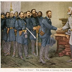 LEEs SURRENDER 1865. Peace in Union. The surrender of General Lee to General Grant at Appomattox Court House, Virginia, 9 April 1865. Reproduction of a painting by Thomas Nast