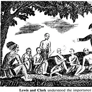 LEWIS AND CLARK EXPEDITION. Meriwether Lewis (wearing cocked hat) and William Clark having a council with friendly Native Americans during the 1804 expedition. Copper engraving, 1811, from the account of Patrick Gass, a member of the expedition