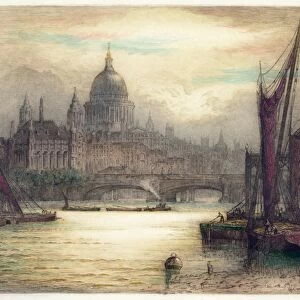 LONDON, 1929. View of St. Pauls Cathedral in the morning. Etching by James Alphege Brewer