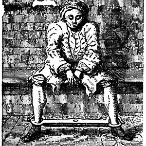 LONDON: DEBTORs PRISON. Debtor wearing shears at the Marshalsea Prison, London. Line engraving, 18th century