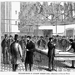 LUDLOW STREET JAIL, 1868. The billiard room in the Ludlow Street Jail, situated at the corner of Ludlow Street and Essex Market Place, New York City. Wood engraving from an American newspaper of 1868