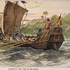 MAGELLAN: PACIFIC OCEAN. Ferdinand Magellans first view of the Pacific Ocean after passing through the strait that now bears his name: colored engraving, 19th century
