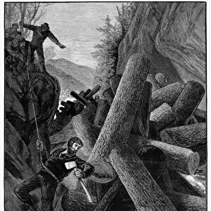 MAINE: LUMBERING, 1882. Maine. - A Log Jam on the Falls of the Diamond - Cutting the Key Log. Wood engraving, American, 1882
