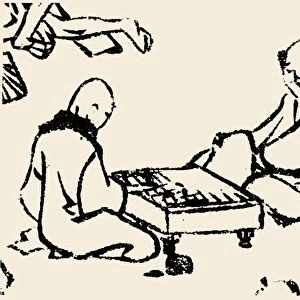 Two men playing Go. Detail of a woodblock print, 1815, from the Manga of Katsushika Hokusai