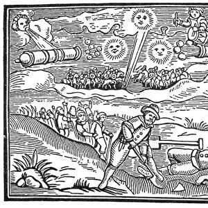 METEORS, 1628. The artillery of the celestial legions bombarding the earth with meteors