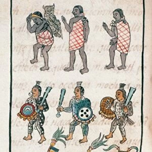 MEXICO: AZTEC WARRIORS. Aztec warriors march to battle. Drawing from the Codex Florentino