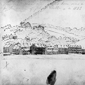 MISSOURI: HANNIBAL, 1823. A view of Hannibal, Missouri. Sketch, 1823, by Henry Lewis