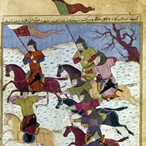 MONGOL BATTLE, c1400. Battle at the time of Mahmud Ghazan (1271-1304). Manuscript illumination from a work by Rashid al-Din Hamadani, Persian, c1400