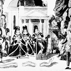 MOZART: MAGIC FLUTE. Set models for Wolfgang Amadeus Mozarts The Magic Flute ( Die Zauberfl├Âte ). Papageno gives his birds to the Queen of the Nights attendants and Tamino stands at left. Aquatint engraving, 1791