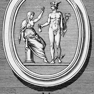 MURCURY AND PUDICITIA. Mercury (Greek name Hermes), giver of fertility, offering his purse to Pudicitia, personification of chastity, who refuses it. Copper engraving, French, 18th century