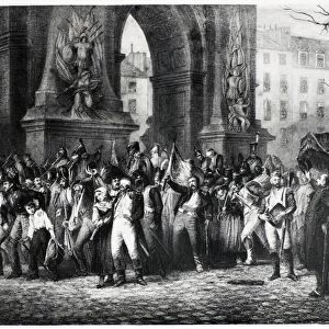 NAPOLEONs CAMPAIGN, 1813. The return from Russia to Paris (at Porte Saint Denis) of the defeated French army, 1813. Steel engraving, English, 19th century