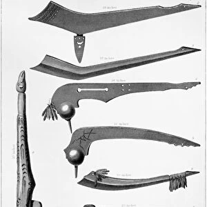NATIVE AMERICAN WAR CLUBS. Various war clubs of Native American tribes of the western United States, ranging from 32 (top) to 20 (bottom) inches in length. Line engraving, American, 1853, after a drawing by Seth Eastman