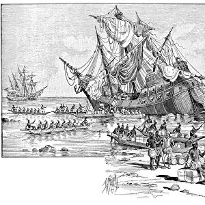 Natives of Hispaniola aid Christopher Columbus crew in salvaging supplies from the Santa Maria, wrecked on a coral reef on Christmas Day 1492. Columbus, speaking with a native, stands in right foreground. Line engraving, American, 1892