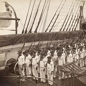 NAVY DRILL, c1885. Company drill on the deck of the steam sloop of war USS Mohican