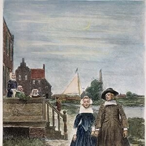 NEW AMSTERDAM. Dutch settlers strolling along the canal in New Amsterdam: engraving after Howard Pyle
