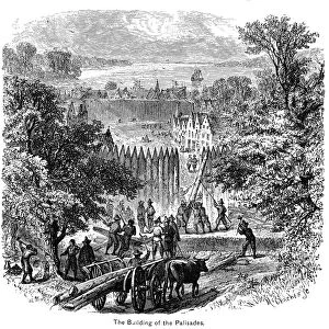 NEW AMSTERDAM: PALISADES. The construction of the Palisades at New Amsterdam, 1653, a line of fortifications stretching from the Hudson to the East River. Wood engraving, American, 1878