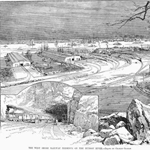 NEW JERSEY: RAILROAD, 1884. The West Shore Railway terminus on the Hudson River between Weehawken and Hoboken, New Jersey. Wood engraving, 1884
