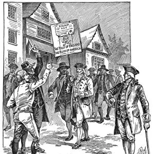 NEW YORK: STAMP ACT, 1765. A procession in New York, 1765, in opposition to the Stamp Act: wood engraving, American, 19th century