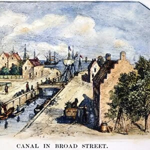 NEW YORK STREET, 17TH CT. Broad Street, present day Canal Street, in New York City in the late 17th century. Wood engraving, American, 1898