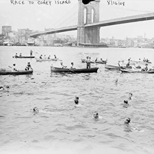 NYC: SWIMMING RACE, 1908. A swimming race in the East River to Coney Island in New York City