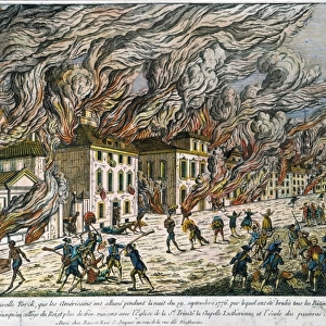 OCCUPIED NEW YORK: 1776. The burning of New York City during the night of September 19, 1776, after the British occupation. Contemporary French colored engraving