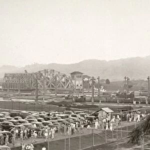 PANAMA: STEAMSHIP, 1939. Commemoration exercises, Gatun Lock, Panama Canal. Panorama