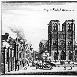 PARIS: NOTRE DAME, c1650. Notre Dame Cathedral in Paris, France. Line engraving, German, by Merian, mid-17th century