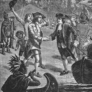 PENN ARRIVES AT NEW CASTLE. William Penn (1644-1718), founder of the colony of Pennsylvania, arriving at New Castle on the Delaware River, 27 October 1682. Wood engraving, 1882