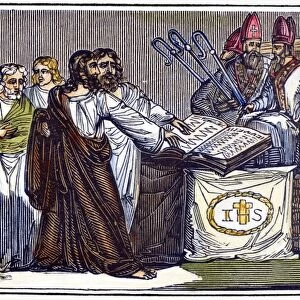 PETER WALDO (d. c1218). French religious leader who founded the Waldenses. Waldo at the third Lateran Council at Rome in 1179 seeking confirmation of himself and his followers as lay preachers. Wood engraving, early 19th century