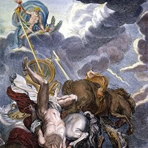PHAETON struck down by Zeus thunder: copper engraving, French, 18th century