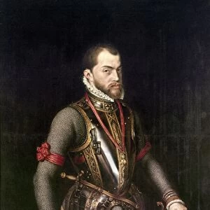 PHILIP II OF SPAIN (1527-1598). King of Spain, 1556-1598. Portrait at the age of 30, after the Battle of San Quentin. Oil painting by Antonis Mor, c1557