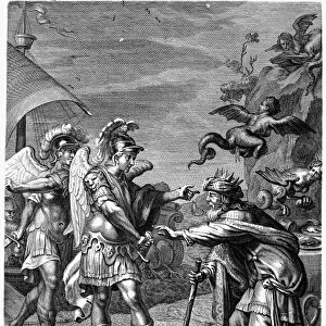 PHINEUS AND BOREADS. Phineus, King of Thrace, rescued from the Harpies by the Boreads, Calais and Zetes, in the course of their journey with Jason and the Argonauts. Copper engraving, 1731, by Bernard Picart