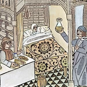 The Physicians Visit and a Consultation with the Apothecary: woodcut from a Spanish translation of Bartholomaeus Anglicus De proprietatibus rerum, published at Toulouse, 1494