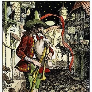 PIED PIPER: ILLUSTRATION. The Pied Piper leading the rats out of Hamelin. Illustration