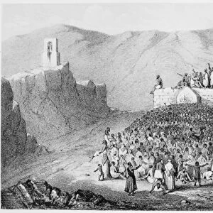 PILGRIMAGE TO MECCA. Stoning the Devil. Muslim pilgrims throwing pebbles at walls