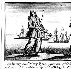 PIRATES, 1724. Pirates Ann Bonny and Mary Read convicted of piracy, 28 November 1720, at a Court of Vice Admiralty held at St. Jago de la Vega in island of Jamaica. Line engraving, English, 1724