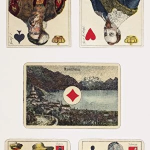 PLAYING CARDS, 1878-1880. Two Swedish playing cards (top), and three Swiss ones