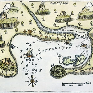 PLYMOUTH, MA, MAP 1605. Samuel de Champlains map of Port St. Louis, later settled by the English as Plymouth, Massachusetts, drawn during an expedetion of 1605