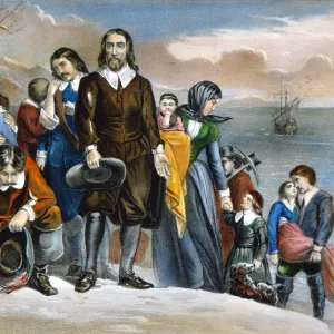 PLYMOUTH ROCK, 1620. The landing of the pilgrims at Plymouth, Massachusetts, 1620. Lithograph, 1876, by Currier & Ives