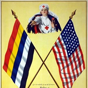 Poster for the American Red Cross with nurses between the flags of China and America. Lithograph, c1917